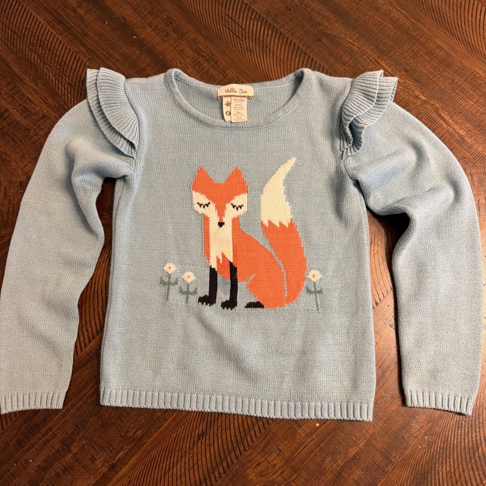 Matilda Jane Girls Blue Fox Intarsia Knit Ruffle Shoulder Sweater Size 8